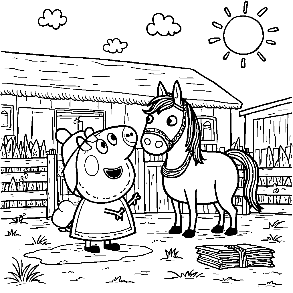 Peppa Pig playing with her friend Pedro Pony at the stable