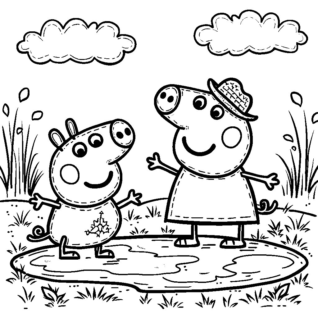 Peppa Pig playing with her little brother George in a muddy puddle