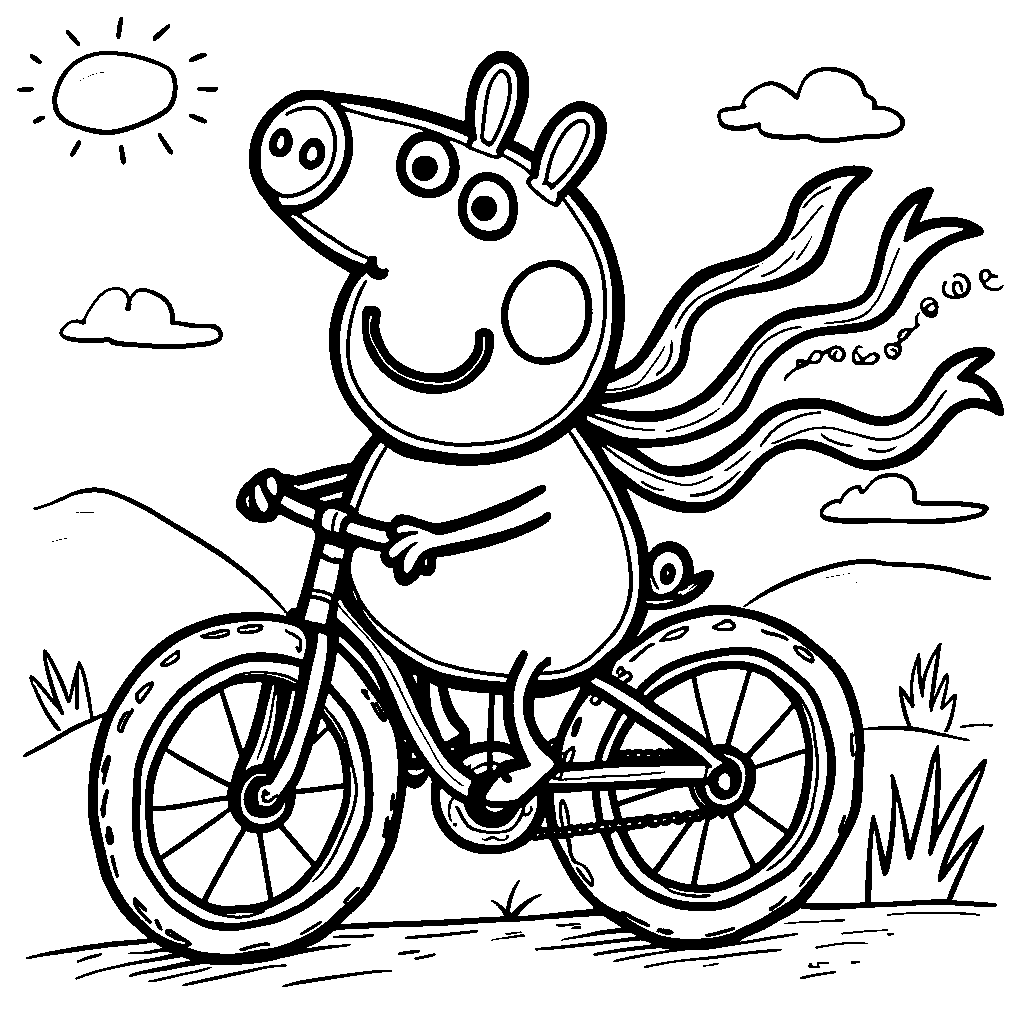 Peppa Pig riding a bike with streamers on the handlebars