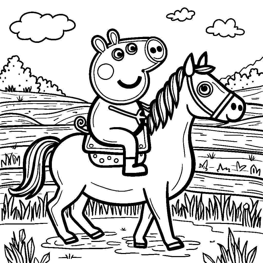 Peppa Pig riding a horse at the farm