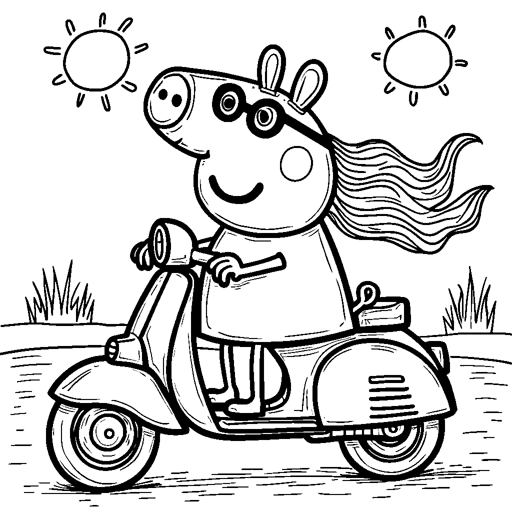 Peppa Pig riding a scooter and feeling the wind in her hair