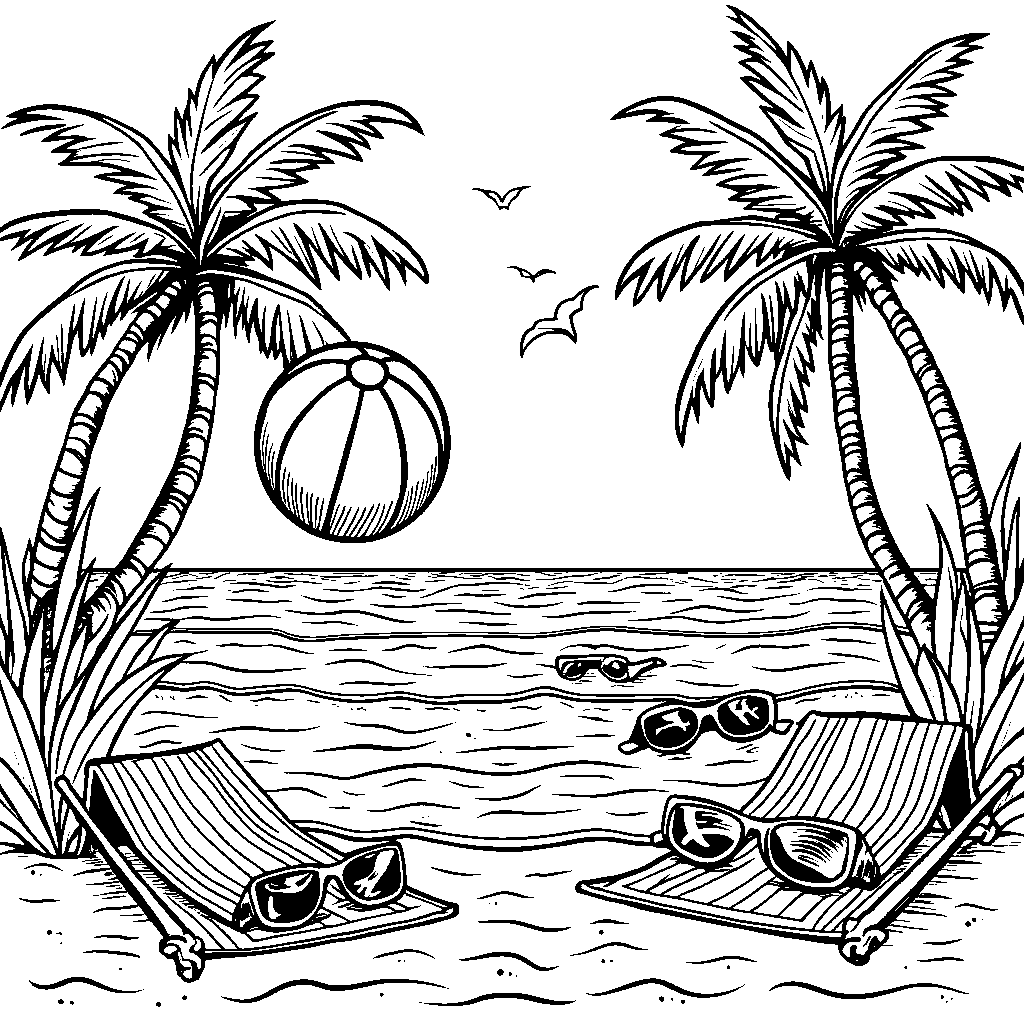 A bright, striped beach ball bouncing on a colorful, preppy-themed beach