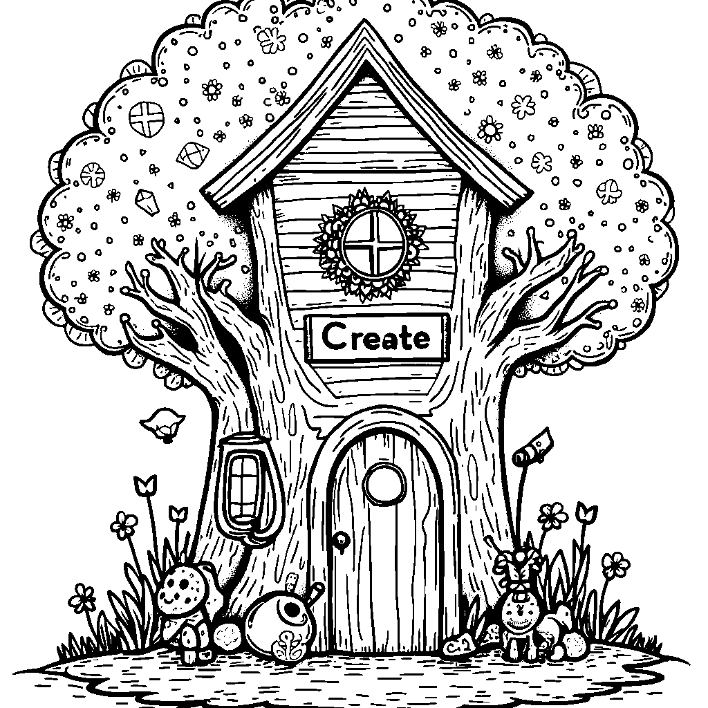 A colorful, polka-dot-covered treehouse with a 'Create' sign above the door