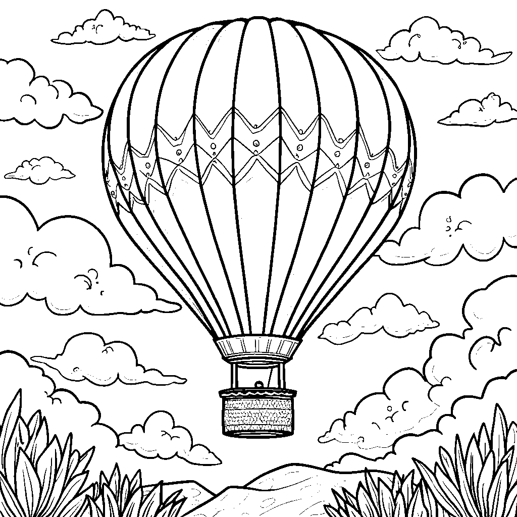 A colorful, preppy-themed hot air balloon soaring through a sunny sky