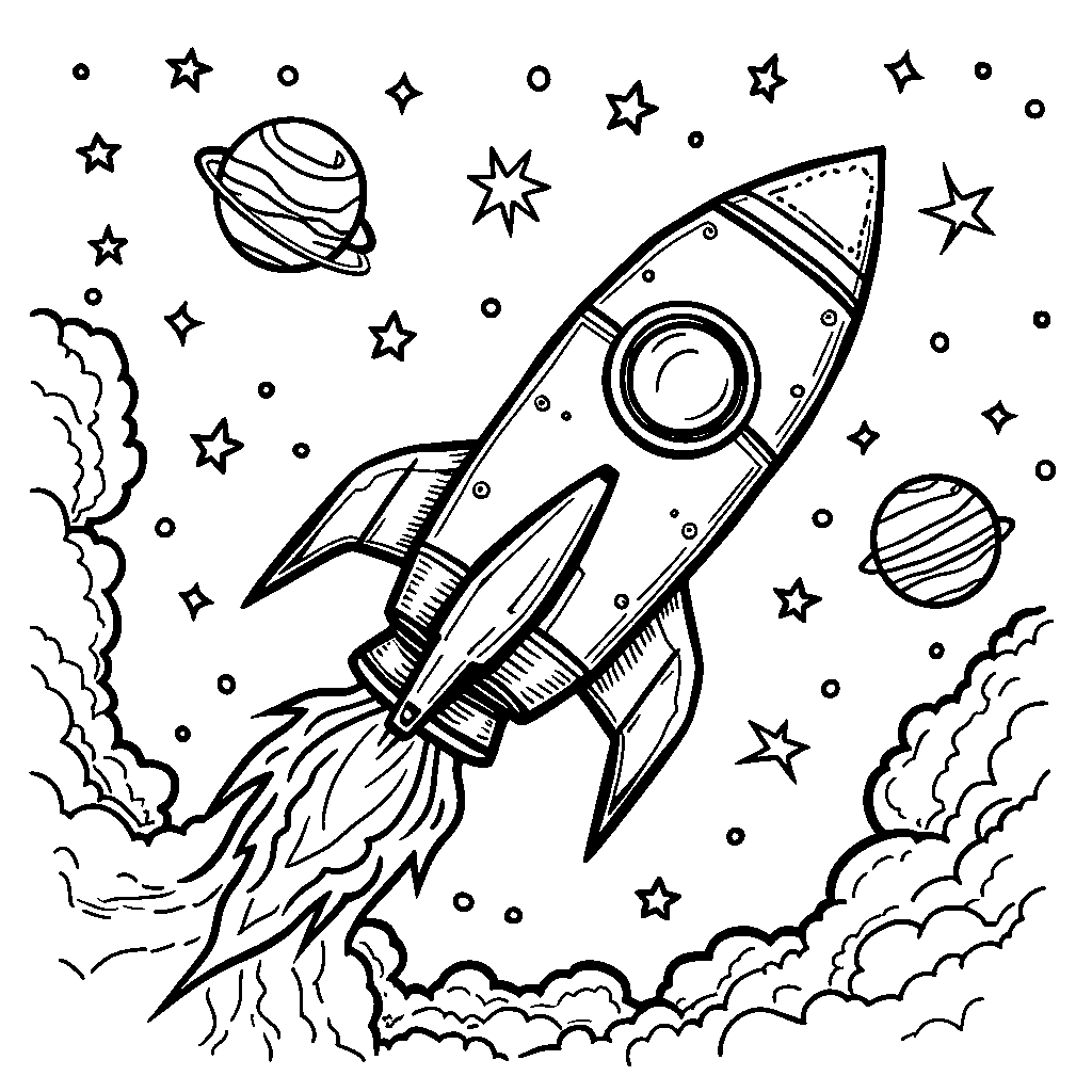 A colorful, preppy-themed spaceship blasting off into a starry night sky