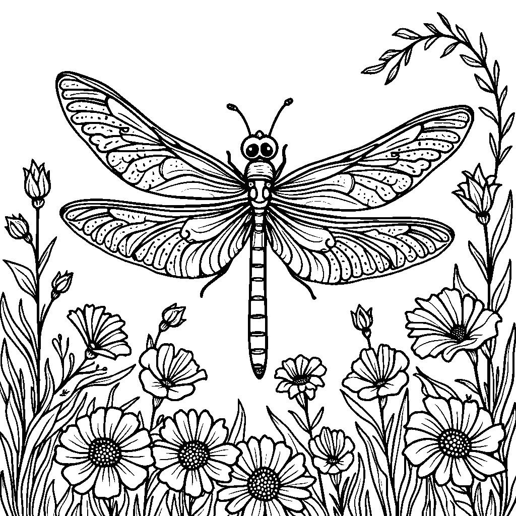 A fashionable, floral-patterned dragonfly fluttering through a garden