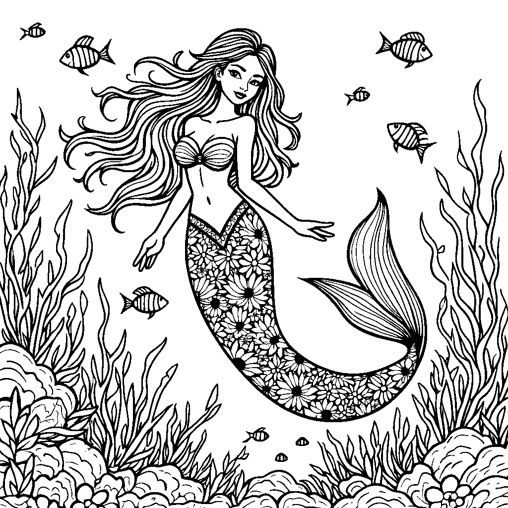 A fashionable, floral-patterned mermaid swimming in a sea of colors