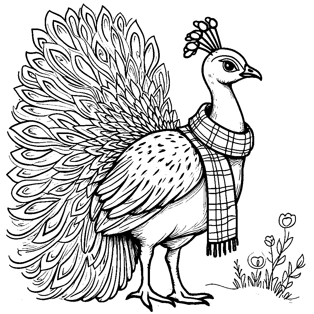 A fashionable, plaid-scarf-wearing peacock spreading its colorful tail feathers