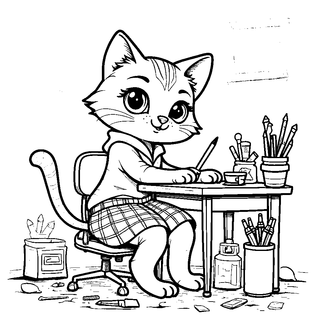 A fashionable, plaid-skirt-wearing cat sitting at a desk with art supplies