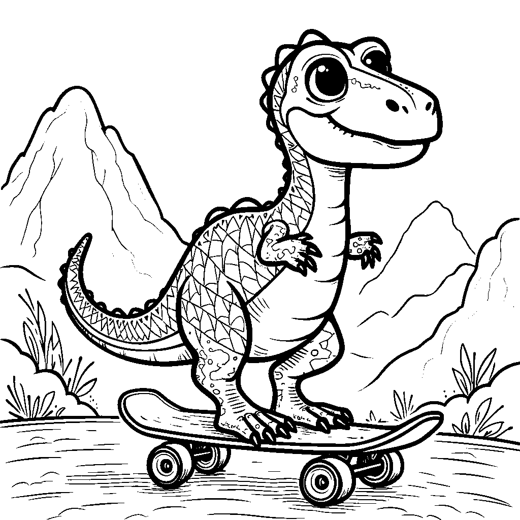 A preppy, argyle-patterned dinosaur riding a skateboard