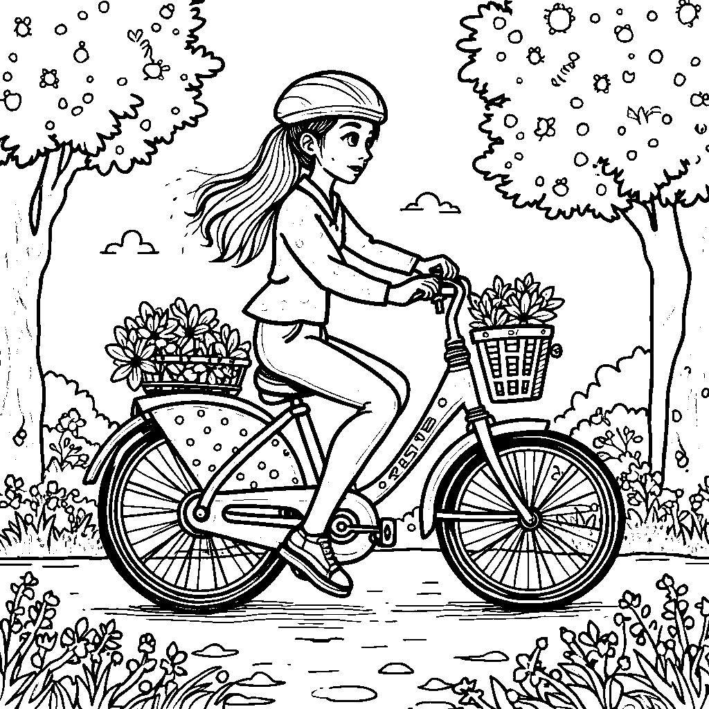 A preppy, polka-dot-covered bicycle riding through a colorful park