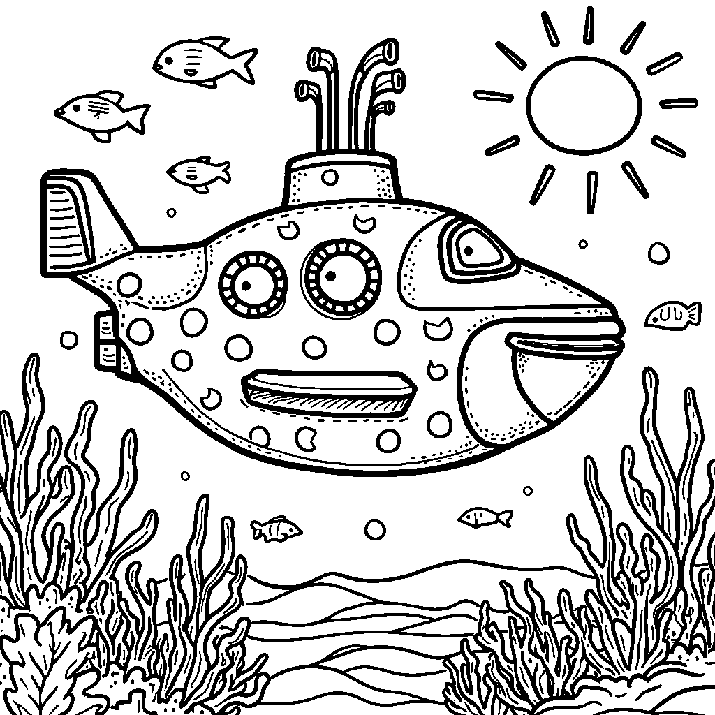 A preppy, polka-dot-covered submarine diving through a colorful ocean