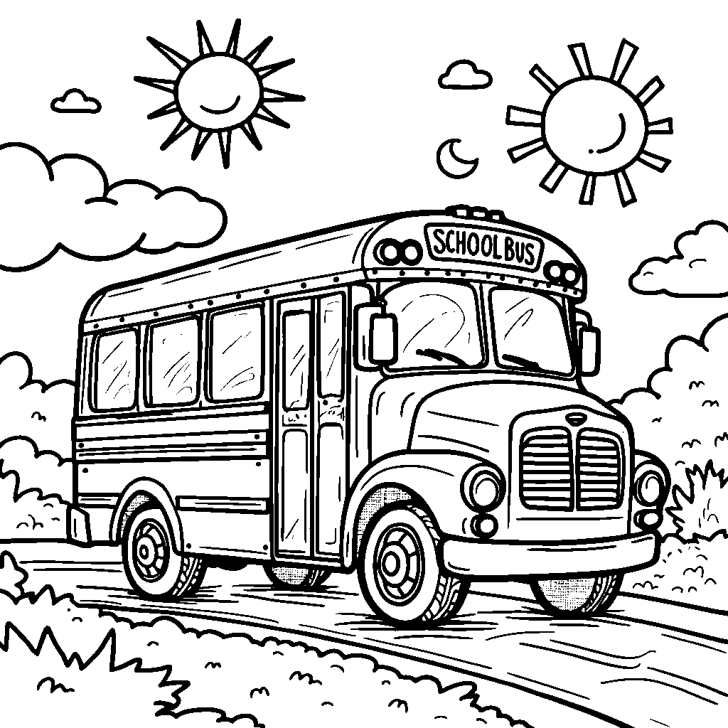 A rainbow-colored prep school bus driving through a sunny day