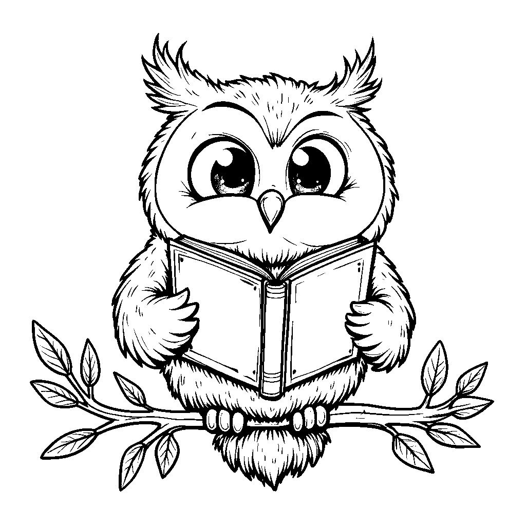 A smiling, argyle-sock-wearing owl perched on a branch, reading a book