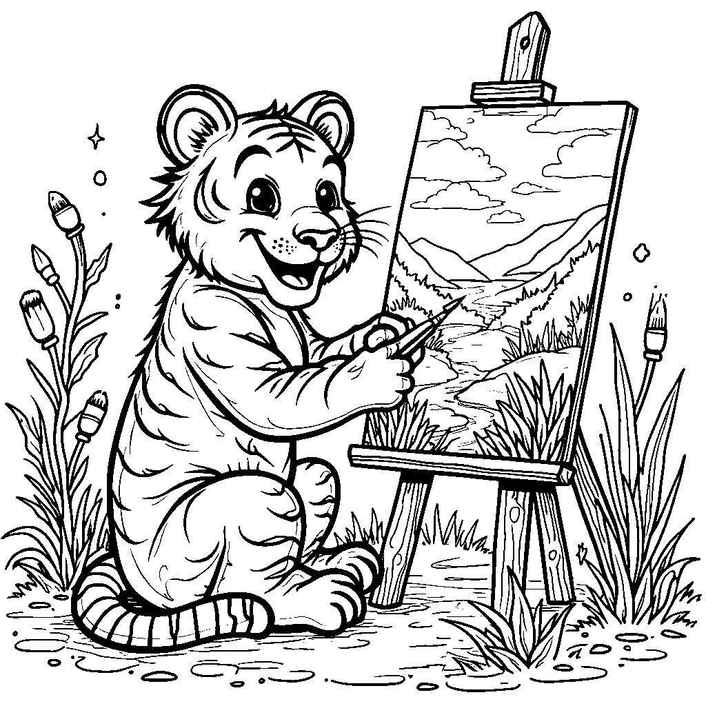 A smiling, argyle-sock-wearing tiger sitting at an easel, painting a beautiful scene