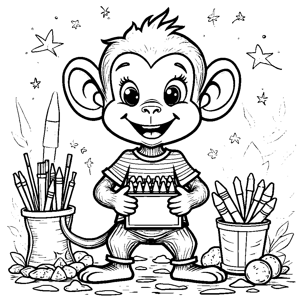 A smiling, striped-shirt-wearing monkey holding a box of crayons