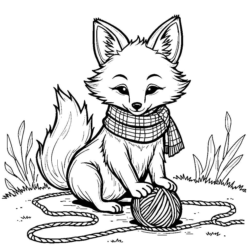 A fashionable, plaid-scarf-wearing fox playing with a ball of yarn