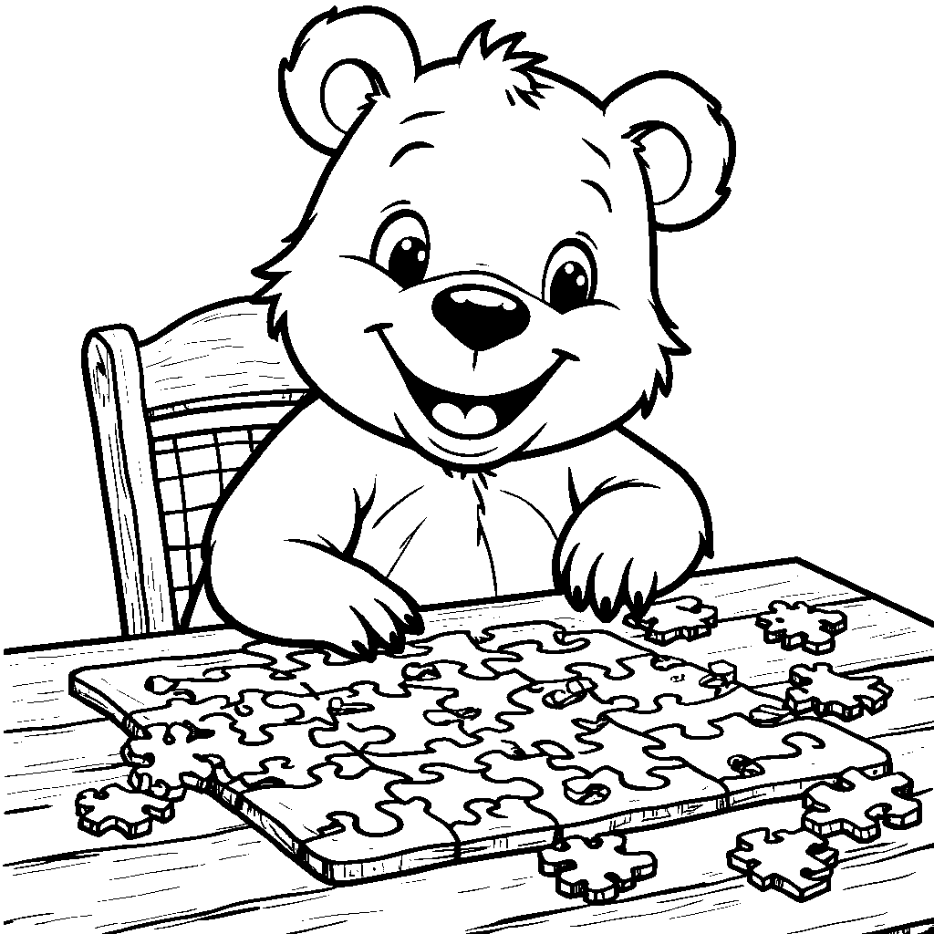 A happy, plaid-pants-wearing bear playing with a giant, colorful puzzle