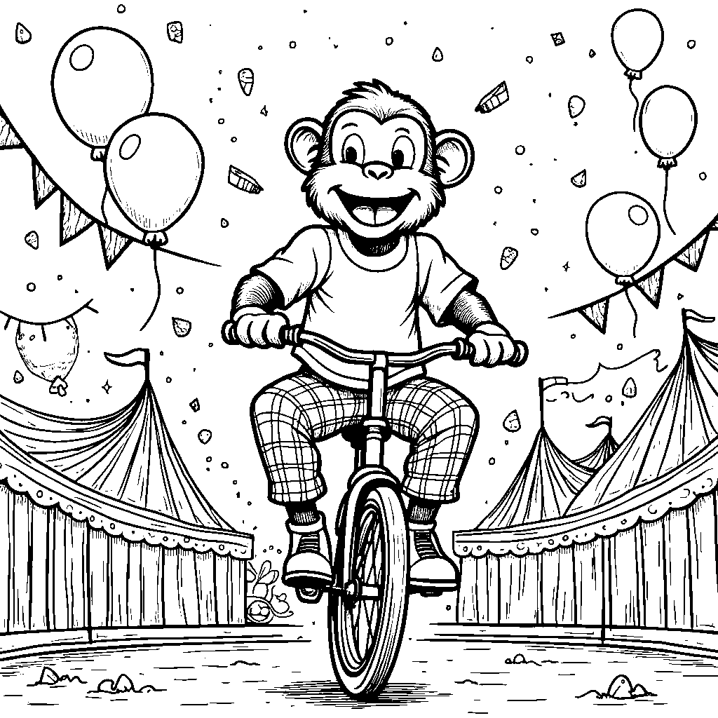 A happy, plaid-pants-wearing monkey riding a unicycle through a colorful circus