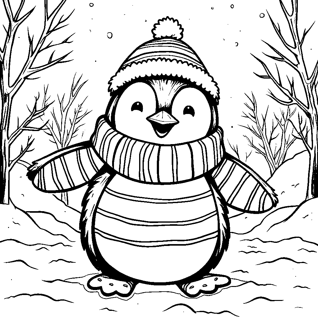 A happy, striped-shirt-wearing penguin waddling through a winter wonderland