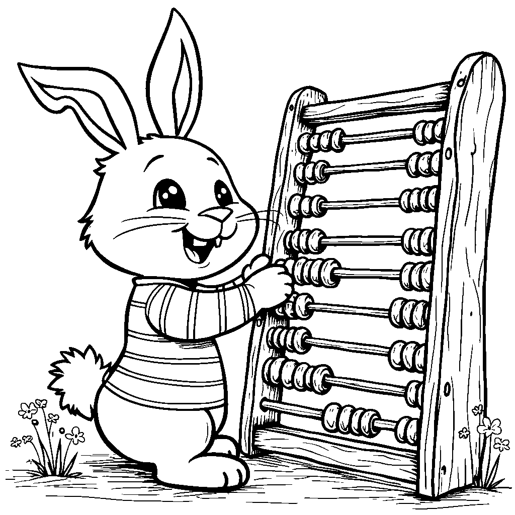 A happy, striped-shirt-wearing rabbit playing with a giant, colorful abacus