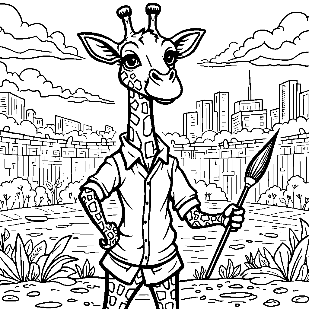 A prep-style, button-down-wearing giraffe creating a mural on a wall