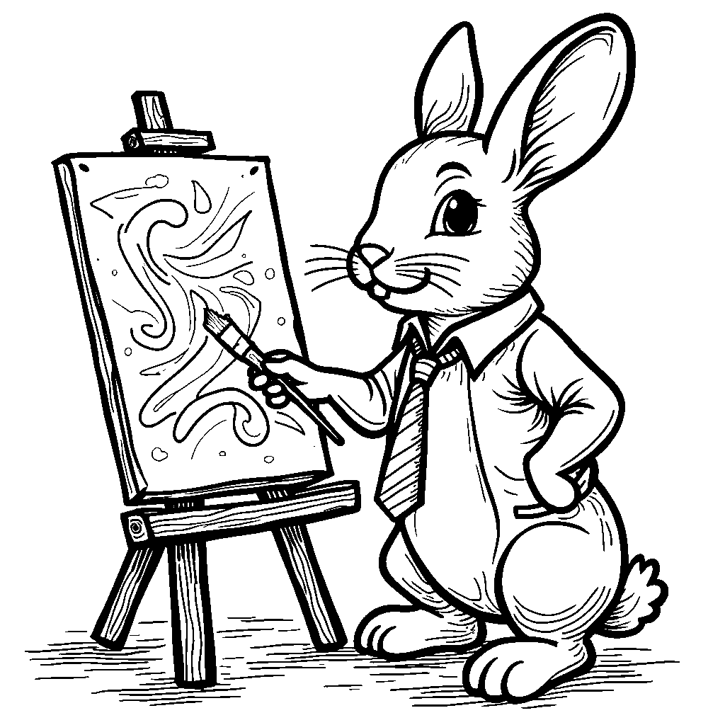 A prep-style, button-down-wearing rabbit painting a masterpiece