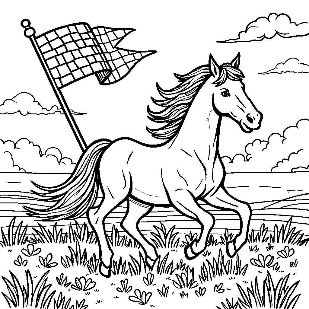 A prep-style, checkered-flag-waving horse galloping through a colorful meadow