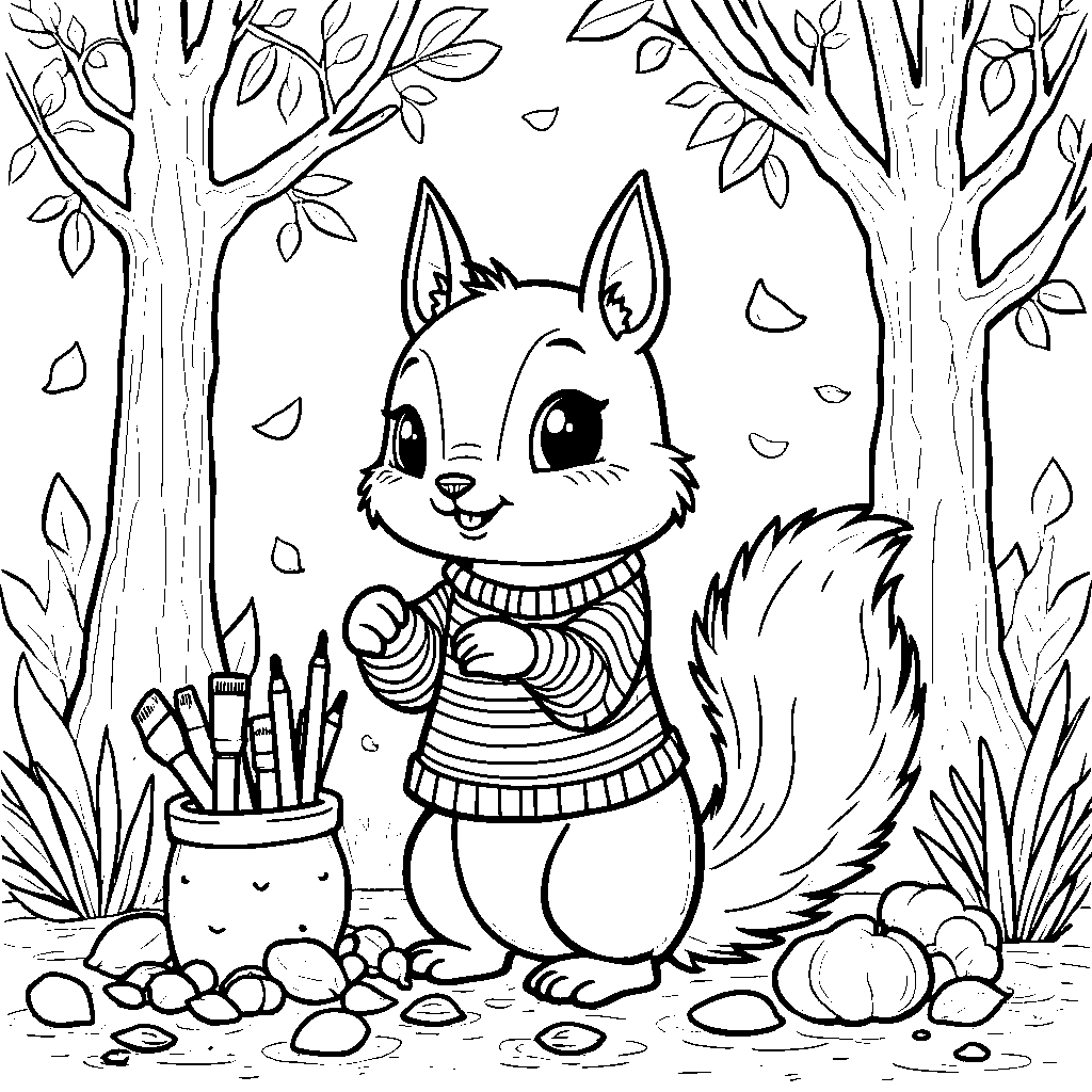 A prep-style, striped-sweater-wearing squirrel collecting nuts and art supplies