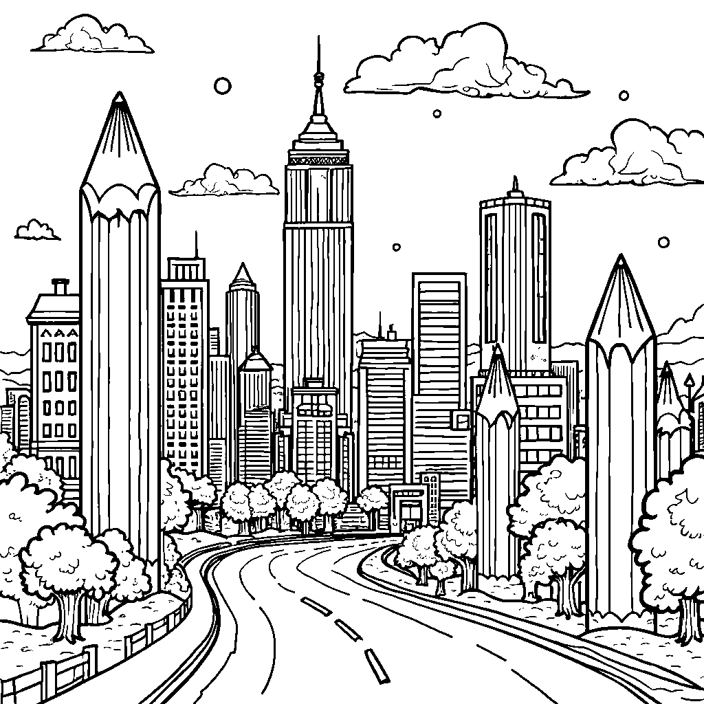 A prep-themed cityscape with buildings shaped like pencils and erasers