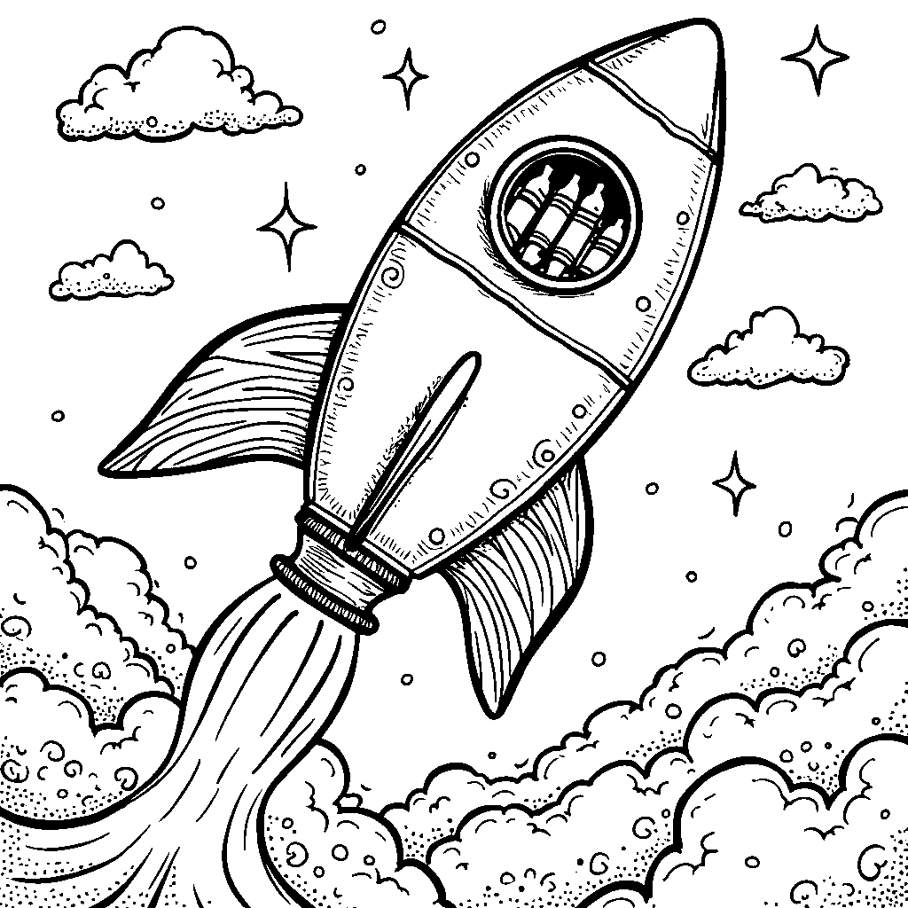 A prep-themed, crayon-filled rocket ship soaring through the air