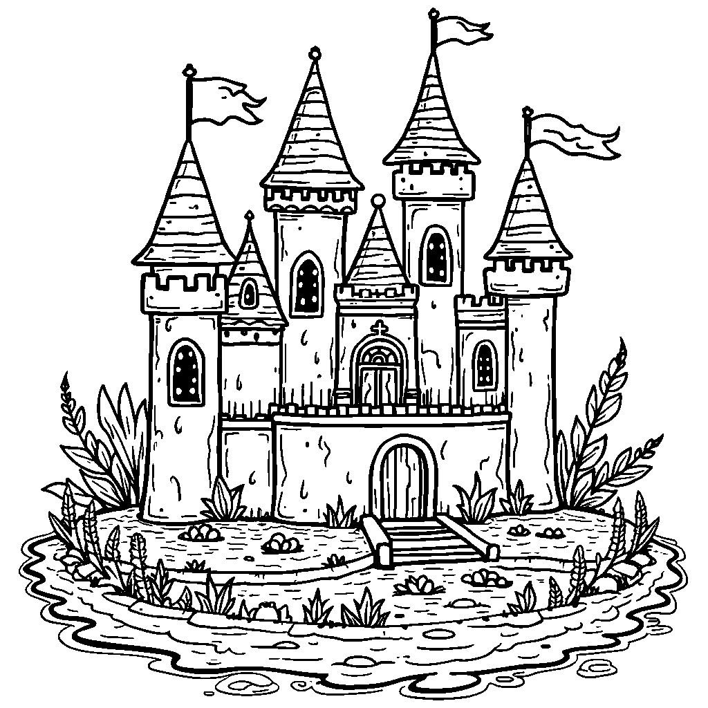 A prep-themed, crayon-shaped castle with a moat filled with paint