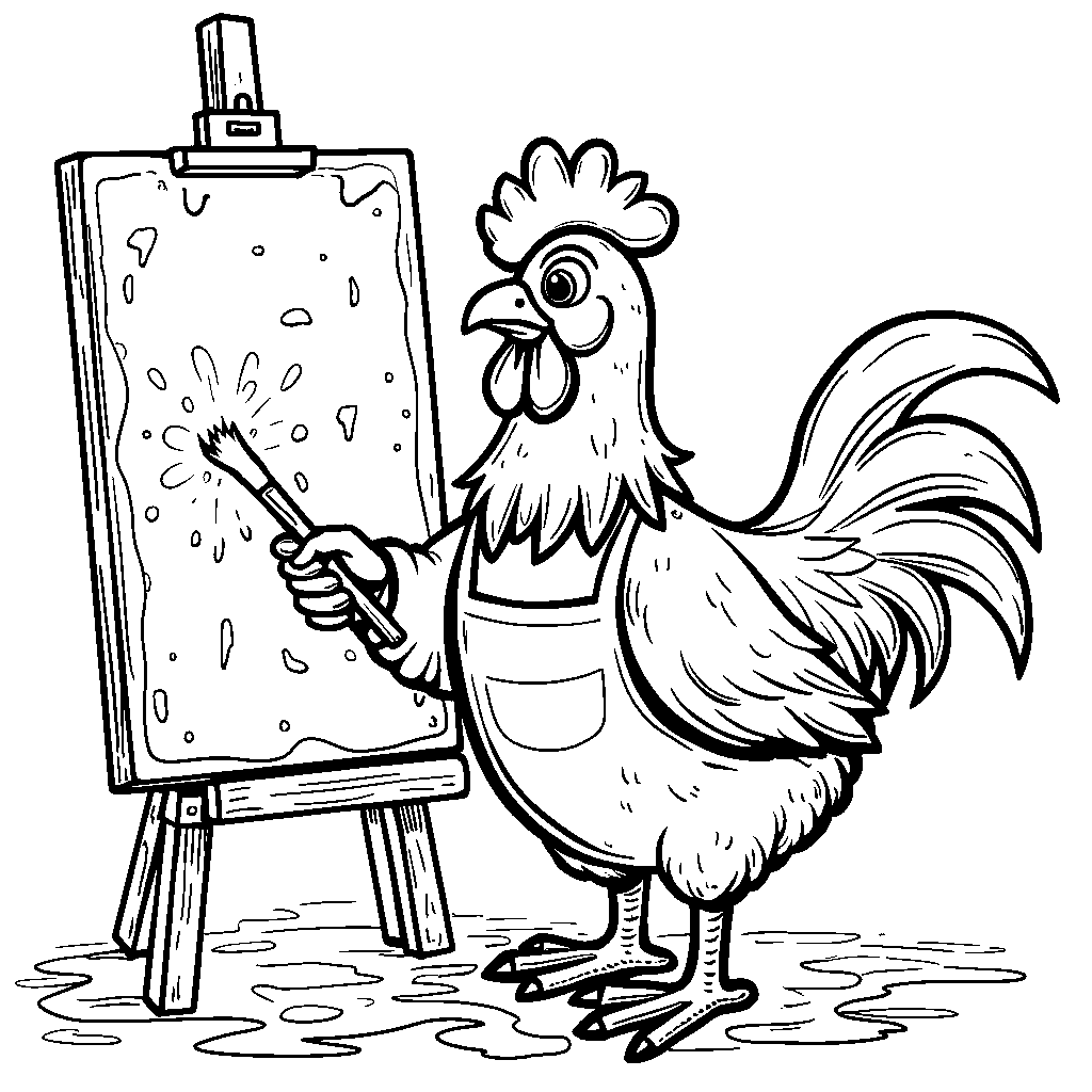 A prep-themed, paint-splattered apron-wearing chicken creating a masterpiece