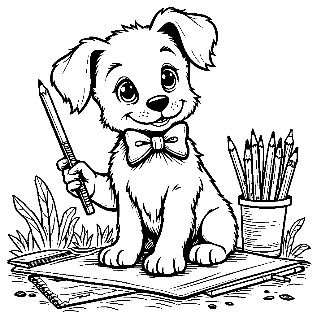 Preppy puppy wearing a bow tie and holding a colored pencil