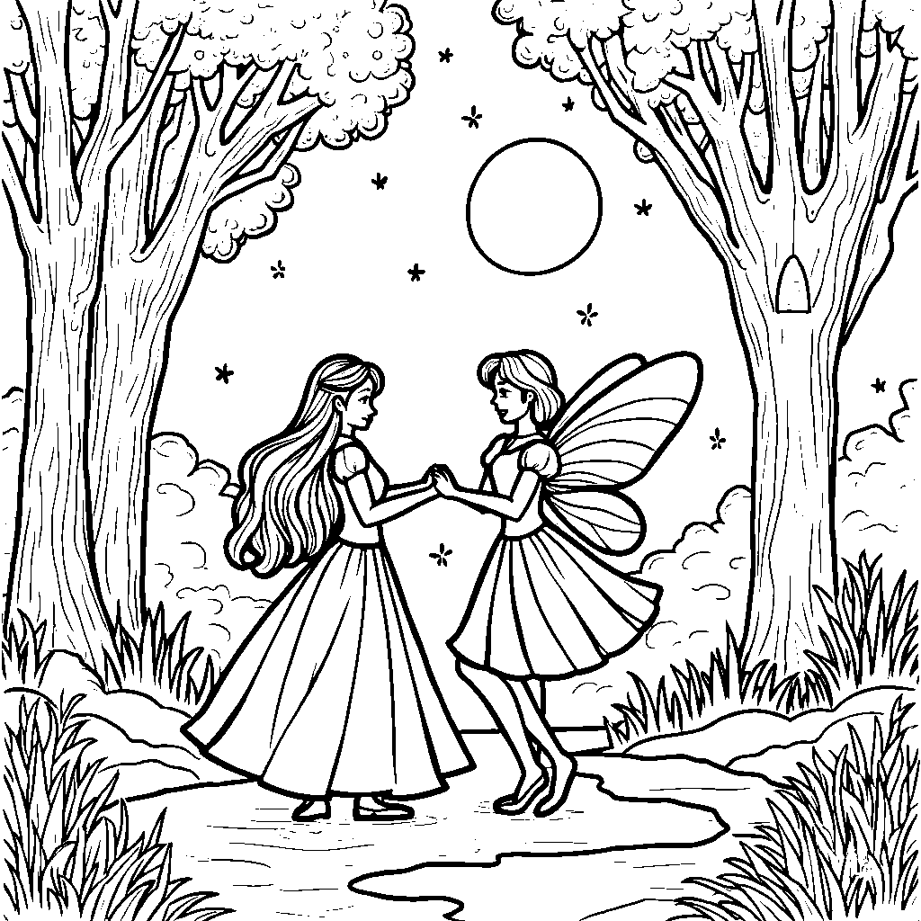 Princess dancing with a fairy in a moonlit forest