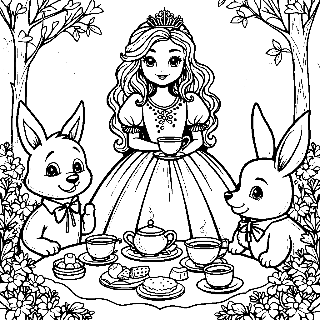 Princess having a tea party with her animal friends