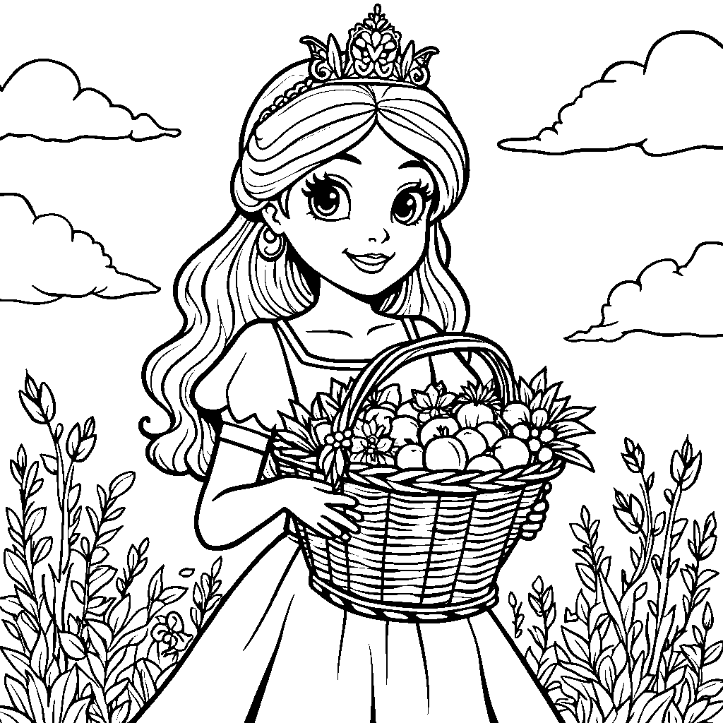 Princess holding a basket of fresh fruit and flowers