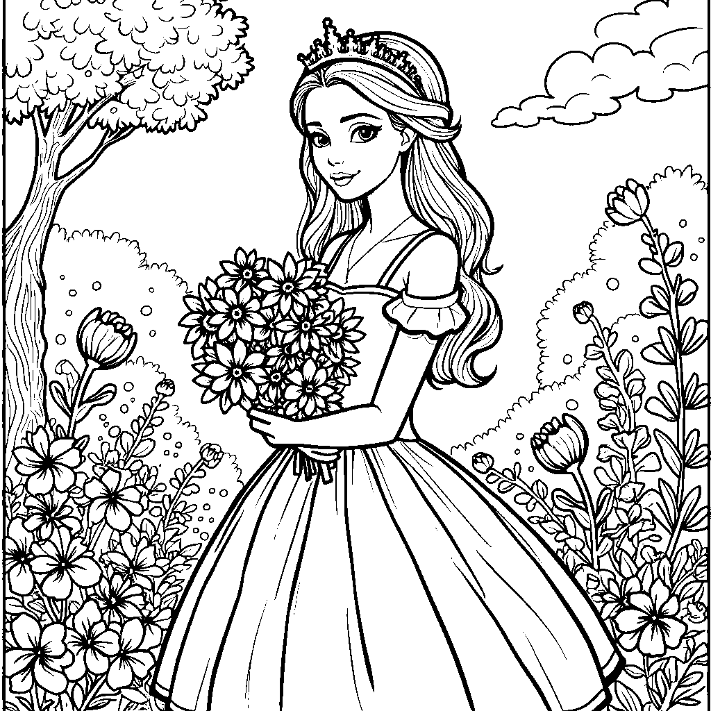 Princess holding a bouquet of flowers in a garden