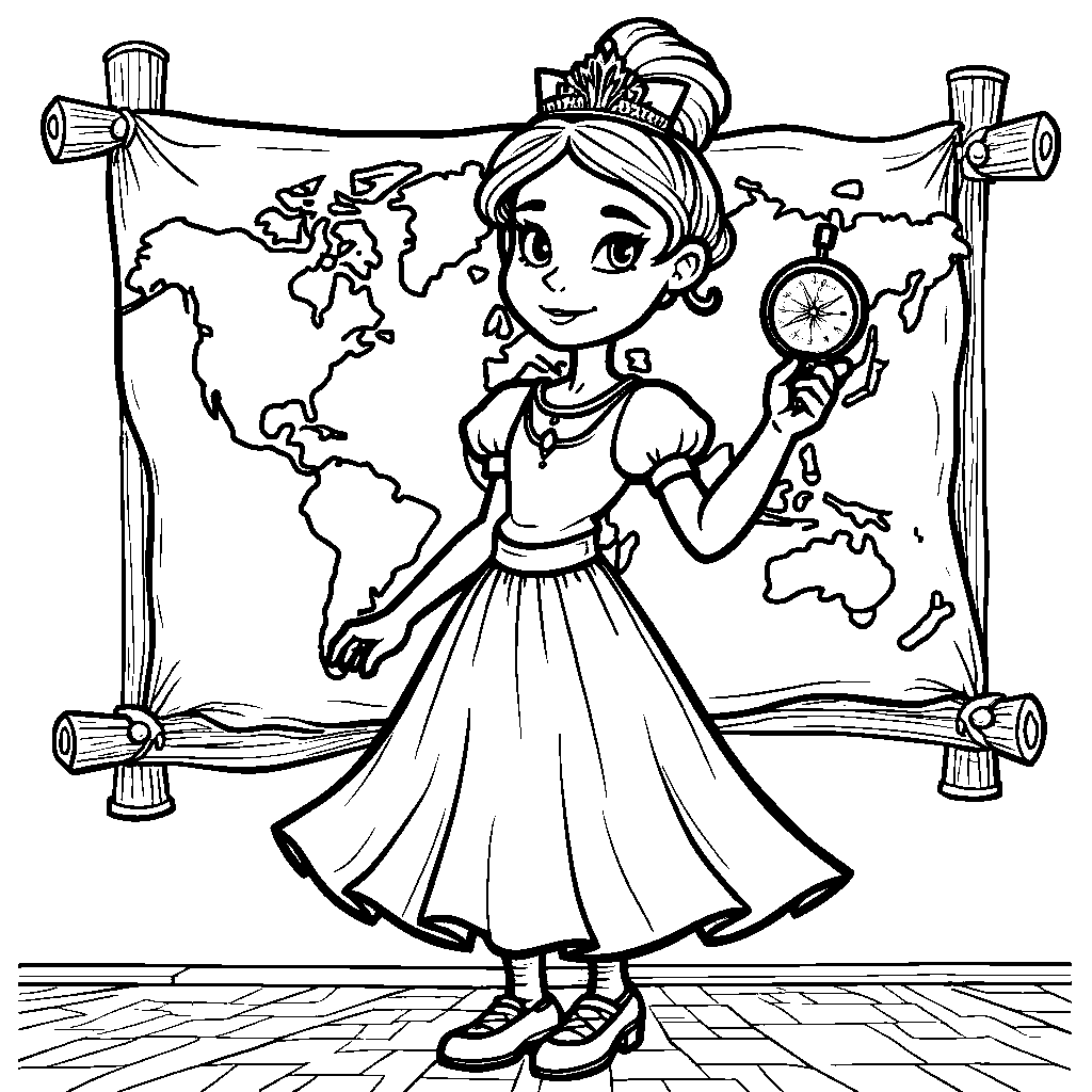 Princess holding a compass and standing in front of a map