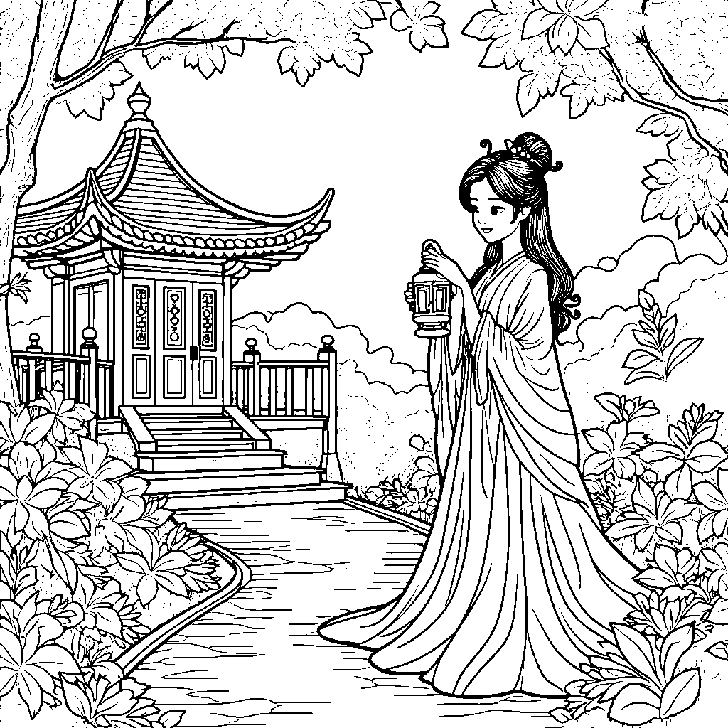 Princess holding a lantern in a Chinese-inspired garden