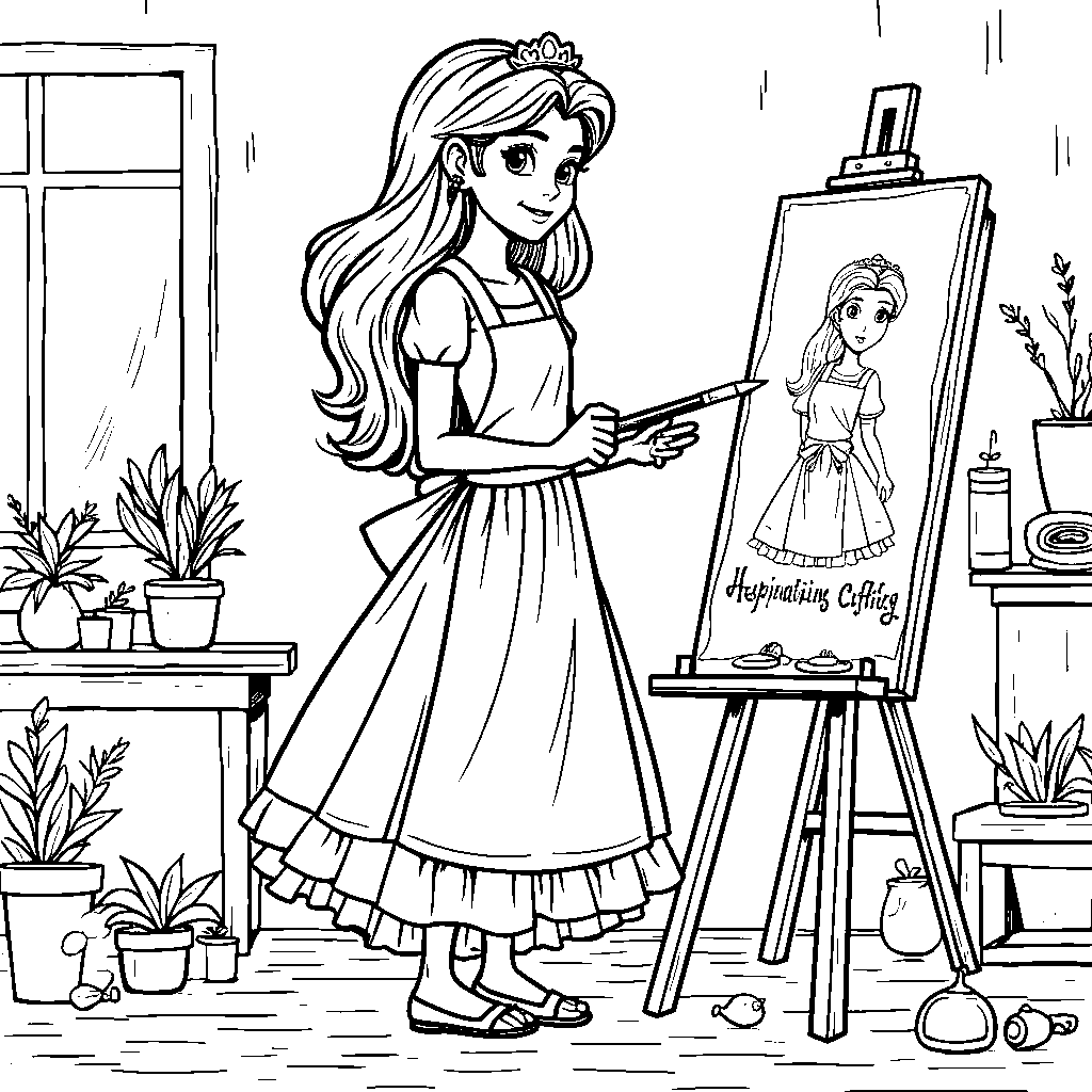 Princess holding a paintbrush and standing in front of an easel