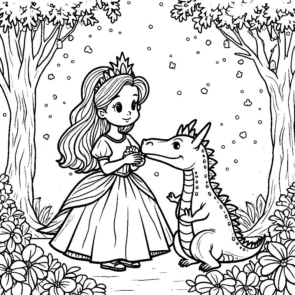 Princess playing with a dragon in a magical forest