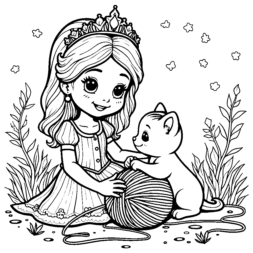 Princess playing with a kitten in a ball of yarn