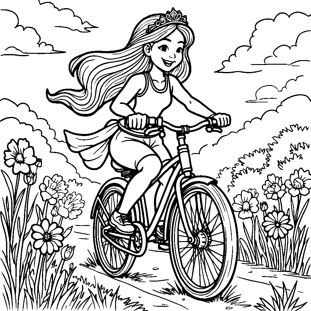 Princess riding a bike through a sunny meadow