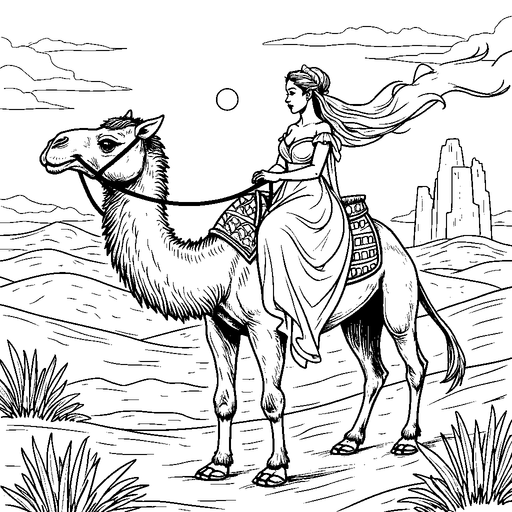 Princess riding a camel through a desert landscape