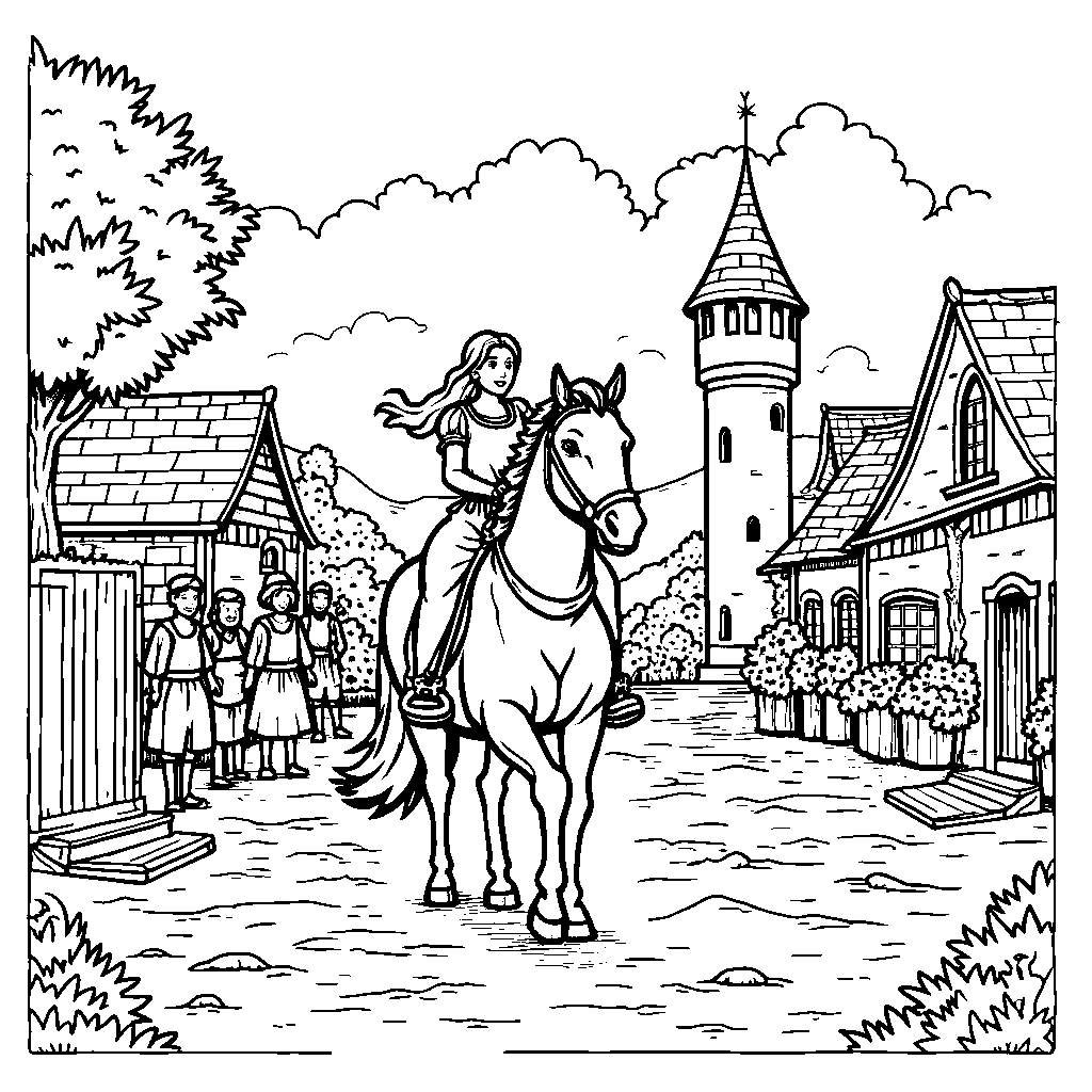 Princess riding a horse through a medieval village