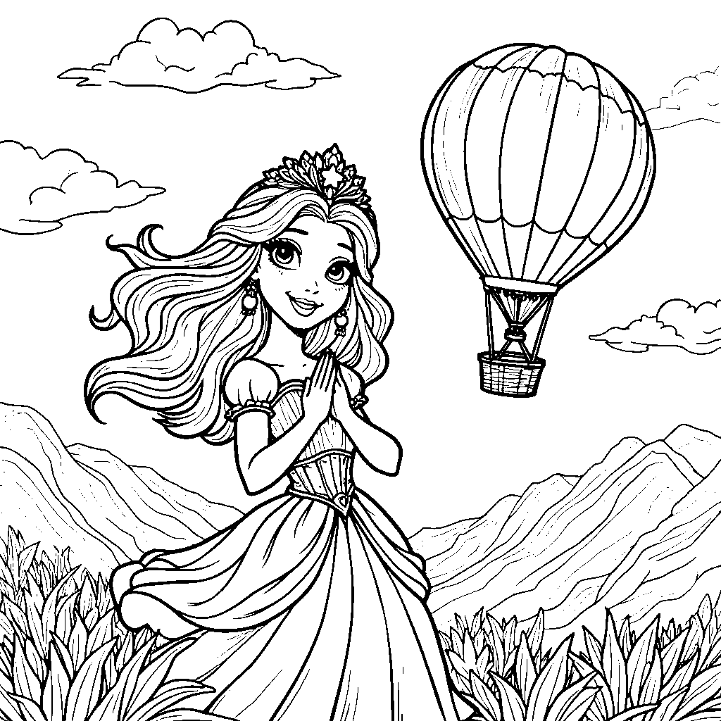 Princess riding a hot air balloon over a mountain range