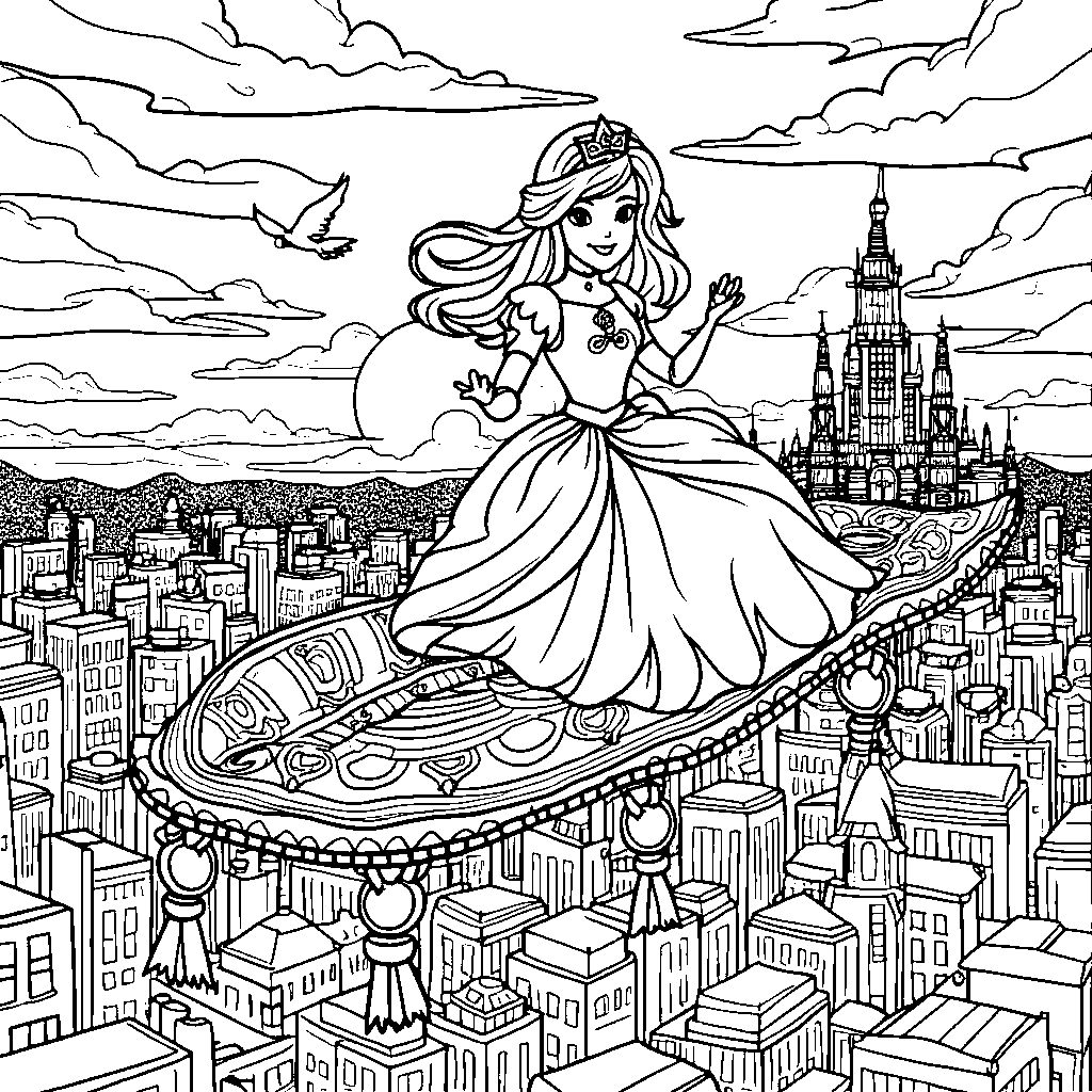 Princess riding a magic carpet over a cityscape