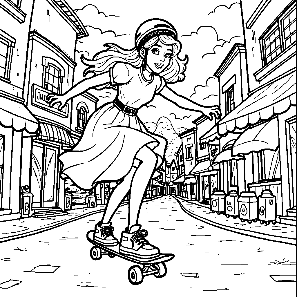 Princess riding a skateboard through a colorful city