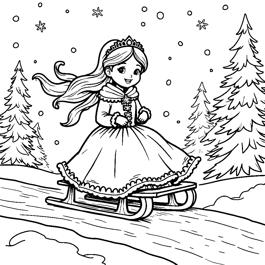 Princess riding a sled down a snowy hill